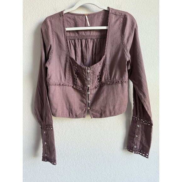 Free People Joi Eyelet Crop Blouse in Roan Rouge Women’s Size Medium - Picture 11 of 13